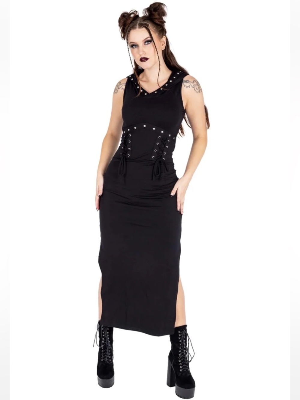 Vixxsin Black Cora Hooded Lace Up Goth Studded Sleeveless Midi Dress Dark Punk
